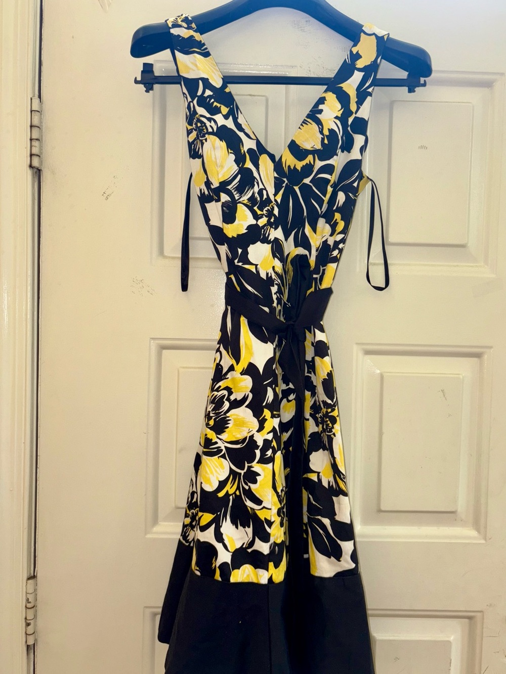 Nine West One-Shoulder Floral Fit & Flare Dress in Yellow, Black, and White